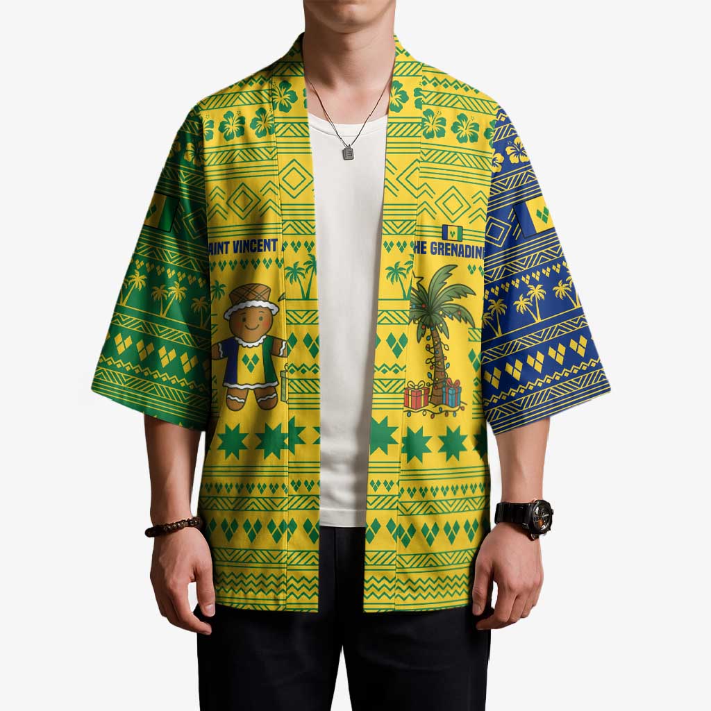 Saint Vincent and the Grenadines Christmas Kimono with Gingerbread Boy Palm Tree and Traditional Pattern - Wonder Print Shop