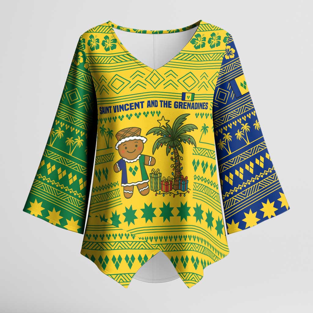 Saint Vincent and the Grenadines Christmas Kimono Sleeve Blouse with Gingerbread Boy Palm Tree and Traditional Pattern - Wonder Print Shop