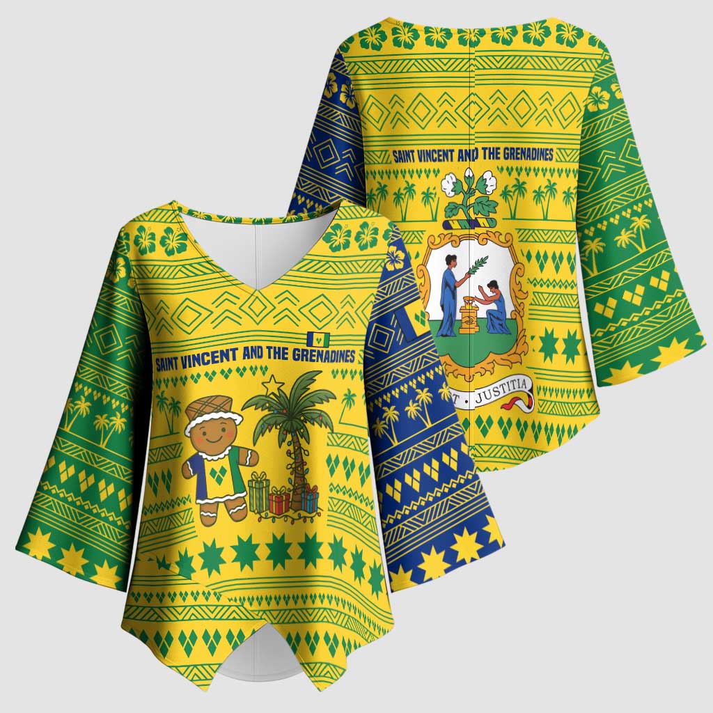 Saint Vincent and the Grenadines Christmas Kimono Sleeve Blouse with Gingerbread Boy Palm Tree and Traditional Pattern - Wonder Print Shop