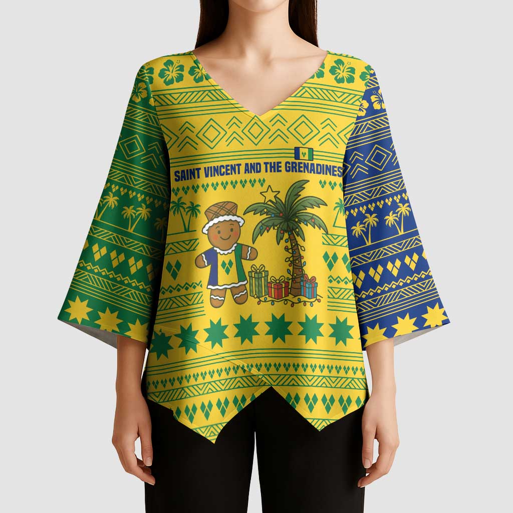 Saint Vincent and the Grenadines Christmas Kimono Sleeve Blouse with Gingerbread Boy Palm Tree and Traditional Pattern - Wonder Print Shop