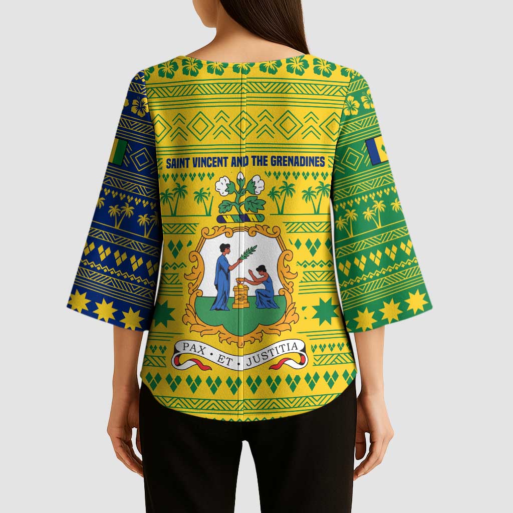 Saint Vincent and the Grenadines Christmas Kimono Sleeve Blouse with Gingerbread Boy Palm Tree and Traditional Pattern - Wonder Print Shop