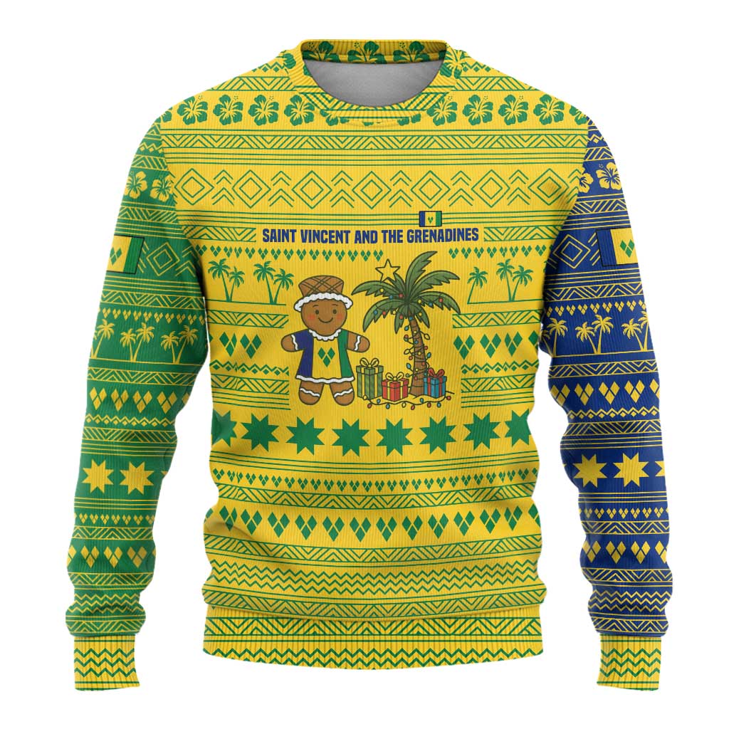 Saint Vincent and the Grenadines Christmas Ugly Christmas Sweater with Gingerbread Boy Palm Tree and Traditional Pattern - Wonder Print Shop