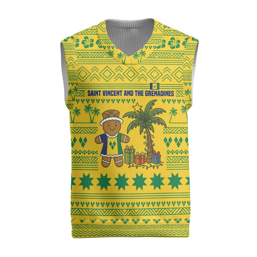 Saint Vincent and the Grenadines Christmas Knitted V-Neck Vest with Gingerbread Boy Palm Tree and Traditional Pattern - Wonder Print Shop