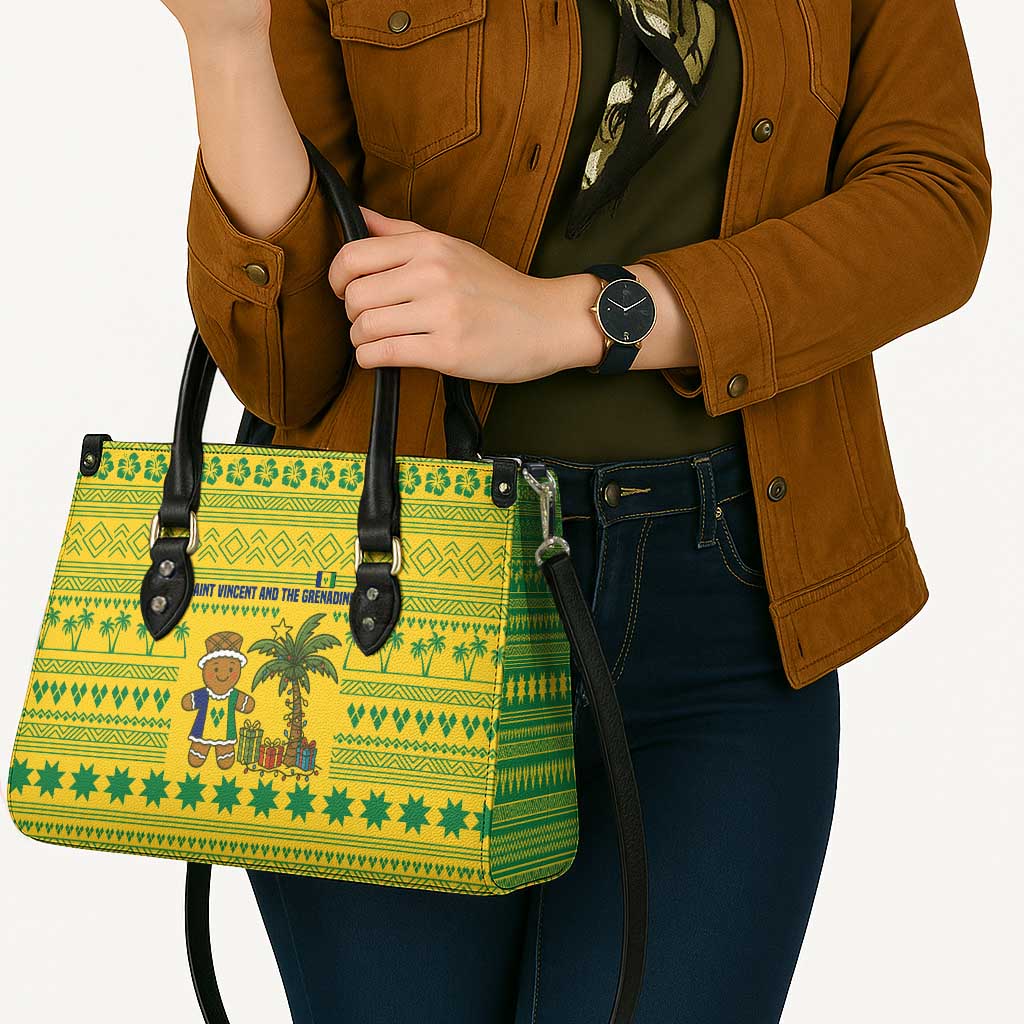 Saint Vincent and the Grenadines Christmas Leather Bag with Gingerbread Boy Palm Tree and Traditional Pattern - Wonder Print Shop