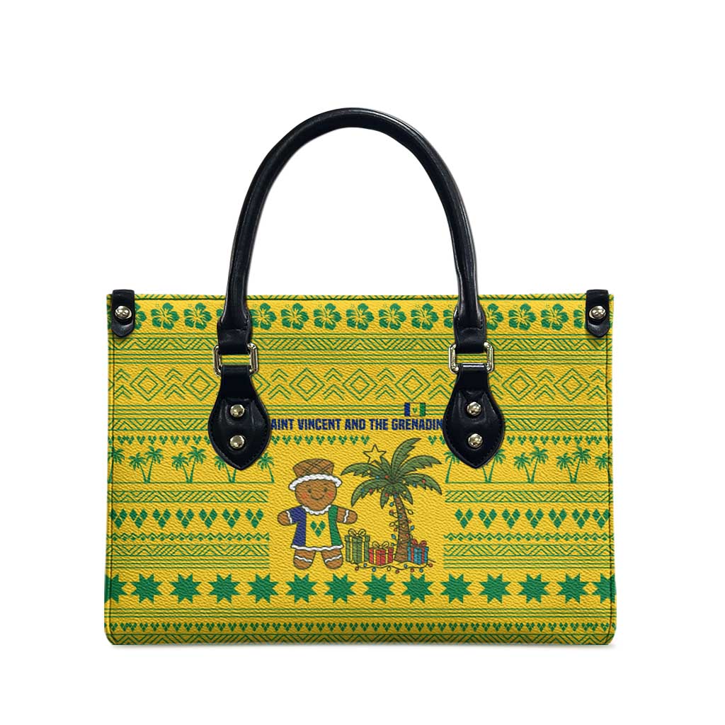 Saint Vincent and the Grenadines Christmas Leather Bag with Gingerbread Boy Palm Tree and Traditional Pattern - Wonder Print Shop