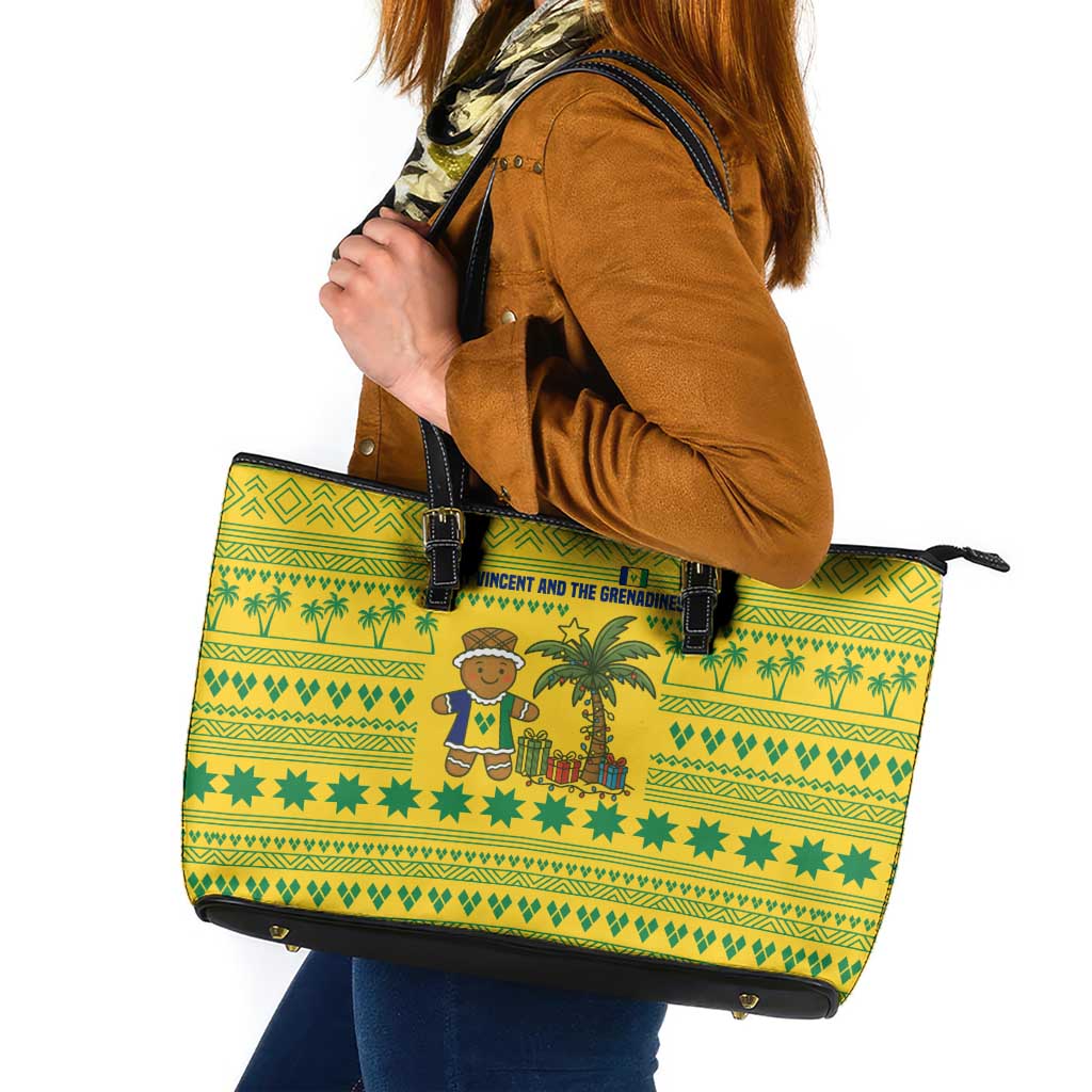 Saint Vincent and the Grenadines Christmas Leather Tote Bag with Gingerbread Boy Palm Tree and Traditional Pattern - Wonder Print Shop