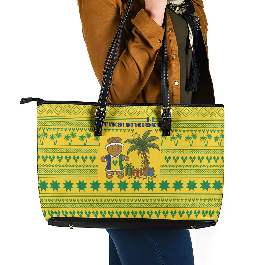 Saint Vincent and the Grenadines Christmas Leather Tote Bag with Gingerbread Boy Palm Tree and Traditional Pattern - Wonder Print Shop