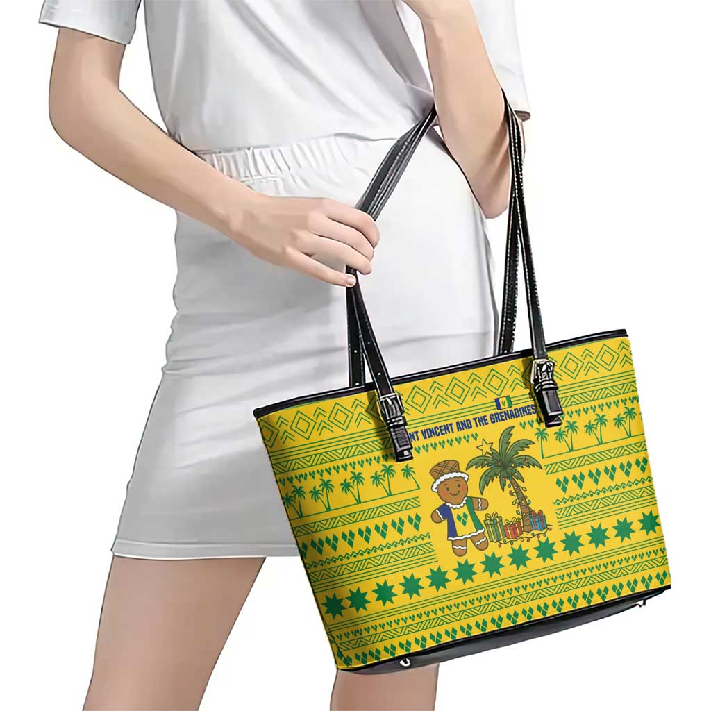 Saint Vincent and the Grenadines Christmas Leather Tote Bag with Gingerbread Boy Palm Tree and Traditional Pattern - Wonder Print Shop