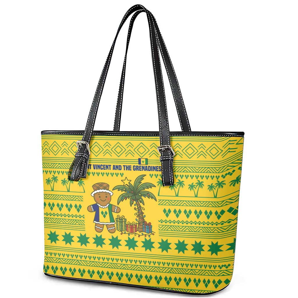 Saint Vincent and the Grenadines Christmas Leather Tote Bag with Gingerbread Boy Palm Tree and Traditional Pattern - Wonder Print Shop