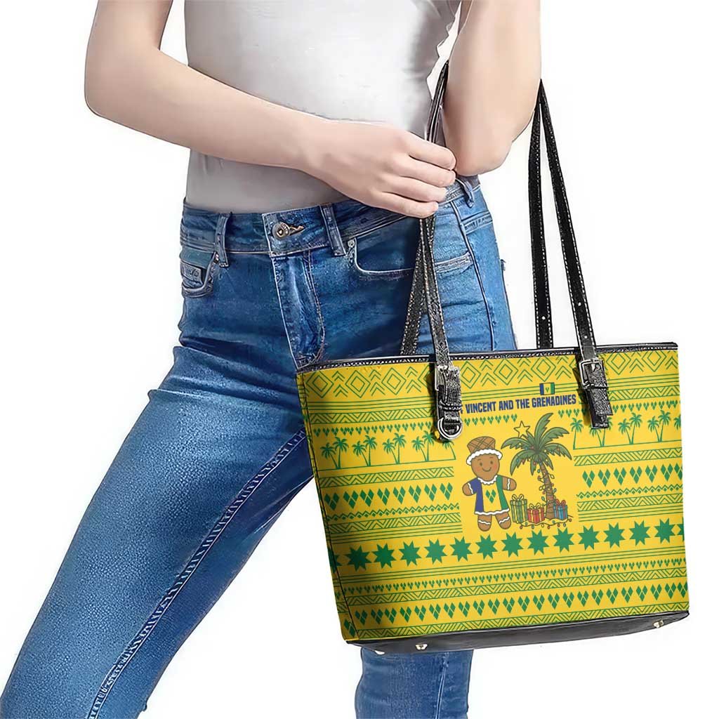 Saint Vincent and the Grenadines Christmas Leather Tote Bag with Gingerbread Boy Palm Tree and Traditional Pattern - Wonder Print Shop