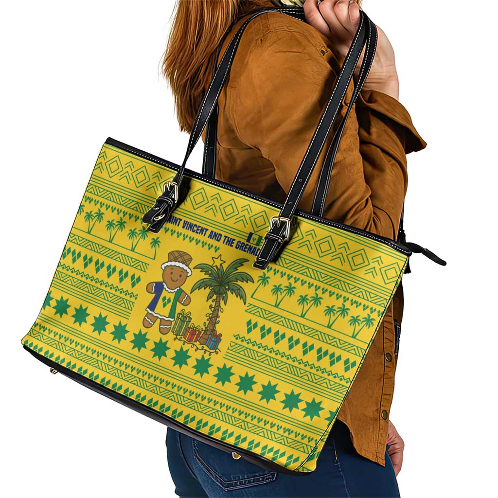 Saint Vincent and the Grenadines Christmas Leather Tote Bag with Gingerbread Boy Palm Tree and Traditional Pattern - Wonder Print Shop