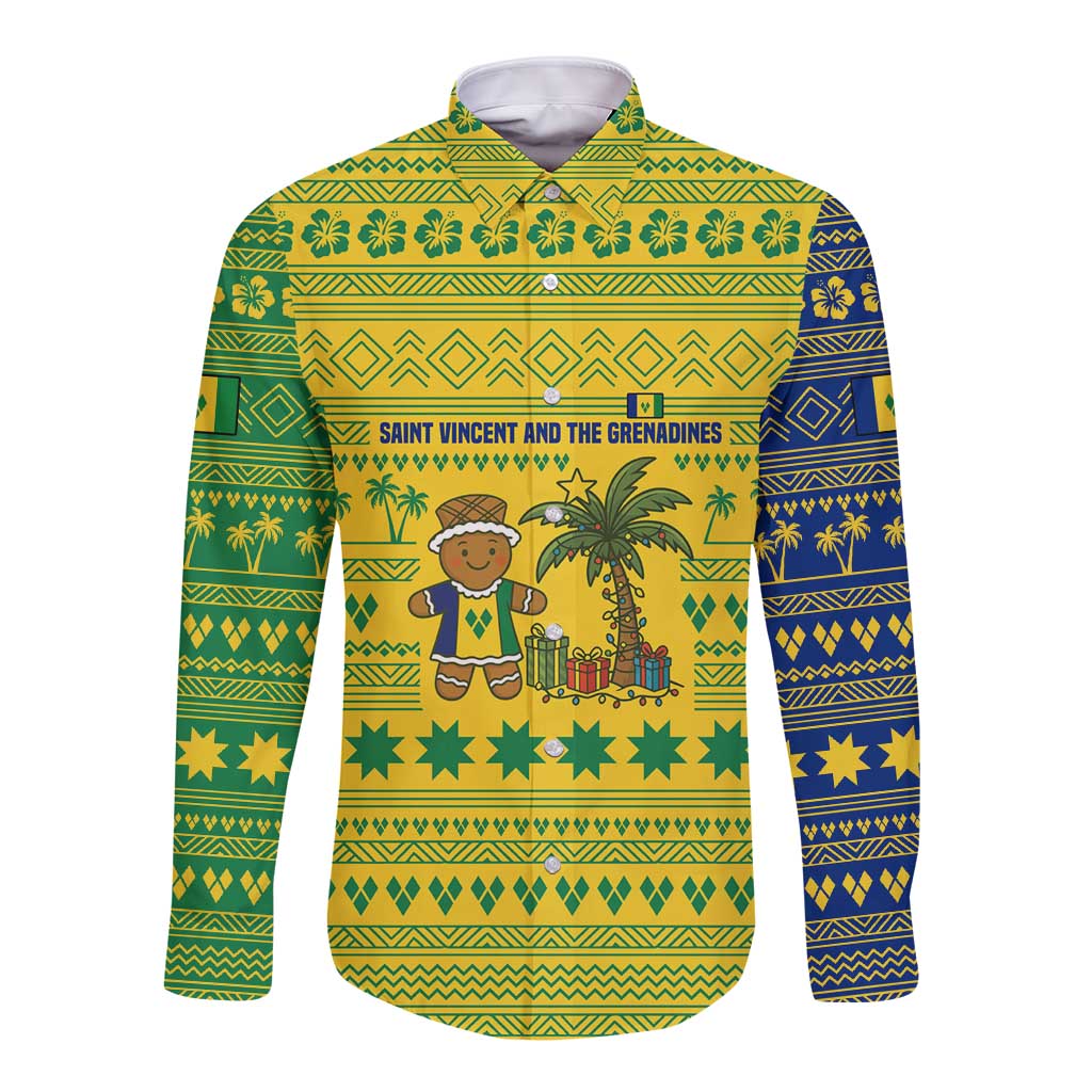 Saint Vincent and the Grenadines Christmas Long Sleeve Button Shirt with Gingerbread Boy Palm Tree and Traditional Pattern - Wonder Print Shop