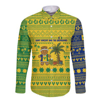 Saint Vincent and the Grenadines Christmas Long Sleeve Button Shirt with Gingerbread Boy Palm Tree and Traditional Pattern - Wonder Print Shop
