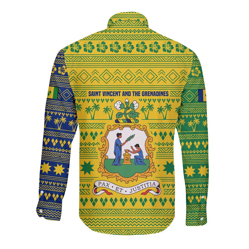 Saint Vincent and the Grenadines Christmas Long Sleeve Button Shirt with Gingerbread Boy Palm Tree and Traditional Pattern - Wonder Print Shop