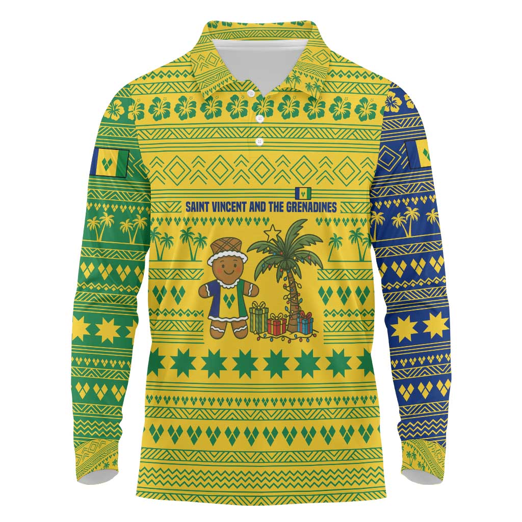 Saint Vincent and the Grenadines Christmas Long Sleeve Polo Shirt with Gingerbread Boy Palm Tree and Traditional Pattern - Wonder Print Shop