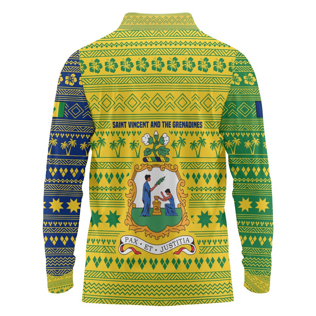 Saint Vincent and the Grenadines Christmas Long Sleeve Polo Shirt with Gingerbread Boy Palm Tree and Traditional Pattern - Wonder Print Shop