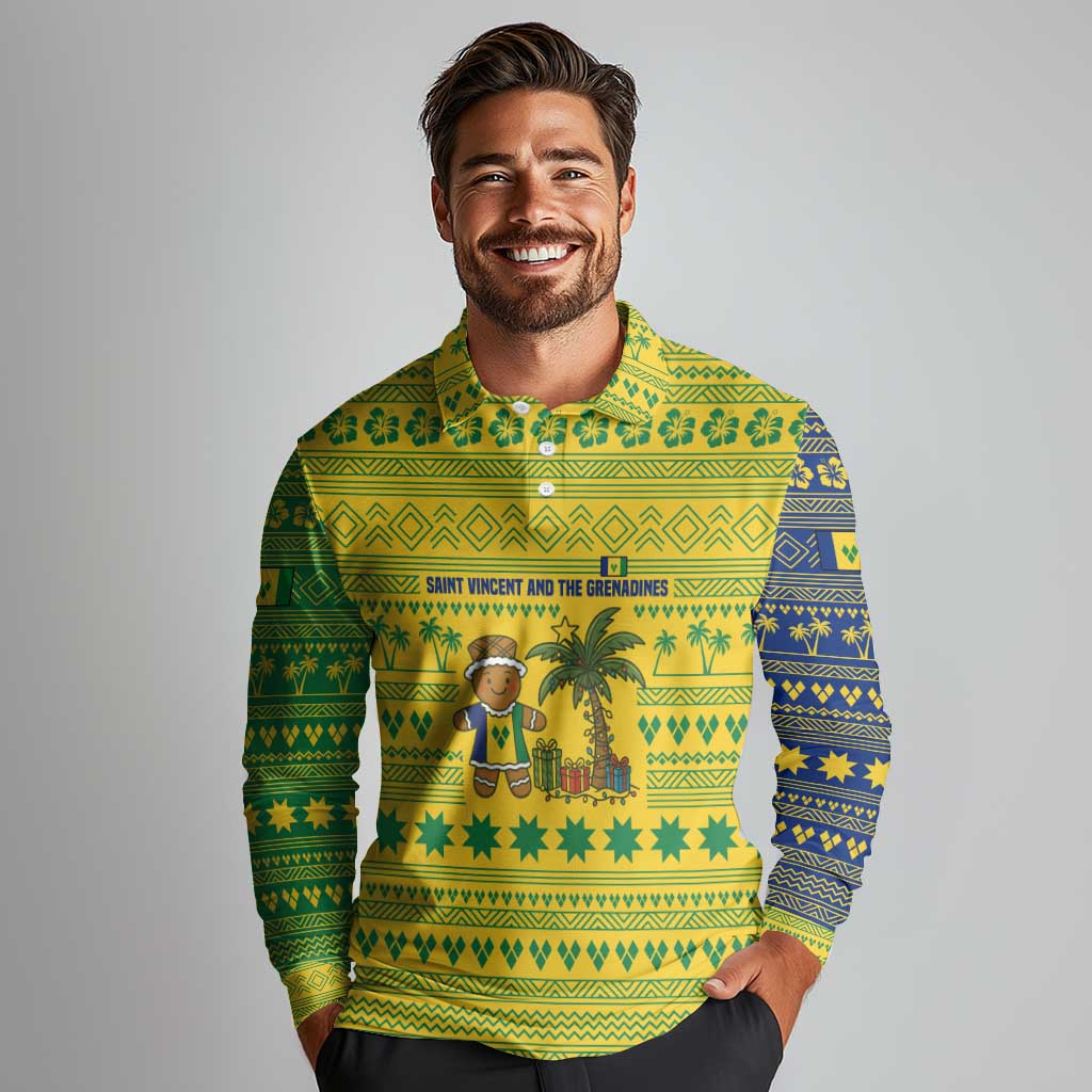 Saint Vincent and the Grenadines Christmas Long Sleeve Polo Shirt with Gingerbread Boy Palm Tree and Traditional Pattern - Wonder Print Shop