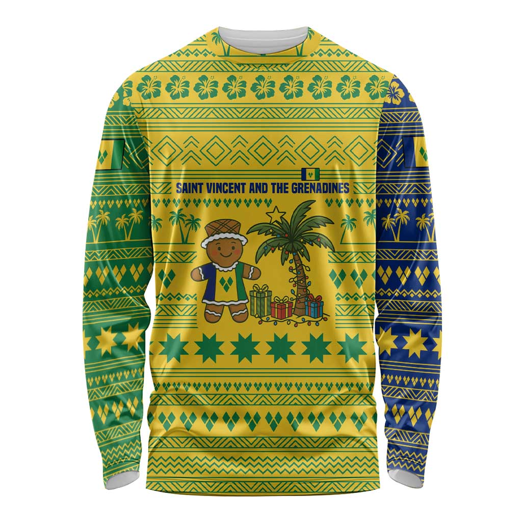 Saint Vincent and the Grenadines Christmas Long Sleeve Shirt with Gingerbread Boy Palm Tree and Traditional Pattern - Wonder Print Shop