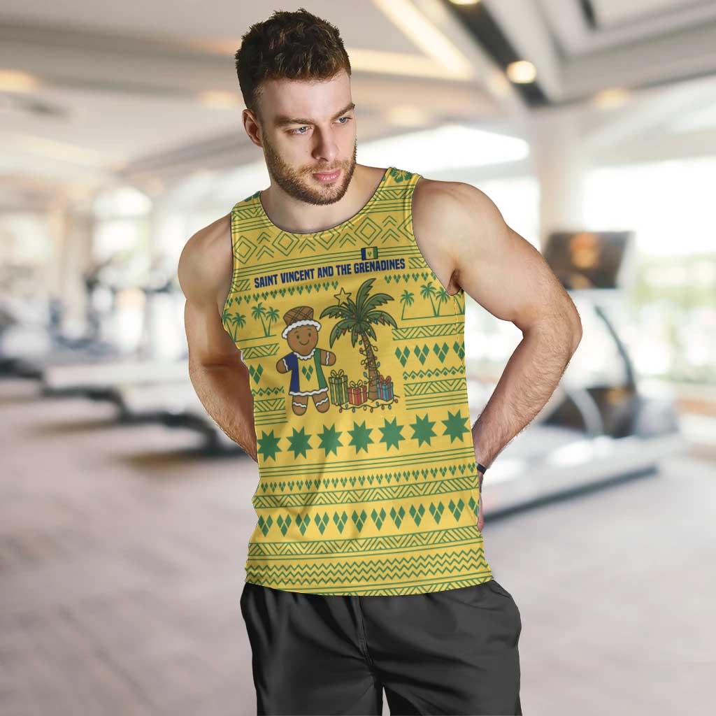 Saint Vincent and the Grenadines Christmas Men Tank Top with Gingerbread Boy Palm Tree and Traditional Pattern - Wonder Print Shop
