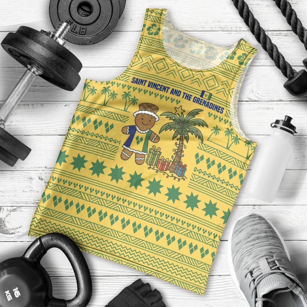 Saint Vincent and the Grenadines Christmas Men Tank Top with Gingerbread Boy Palm Tree and Traditional Pattern - Wonder Print Shop