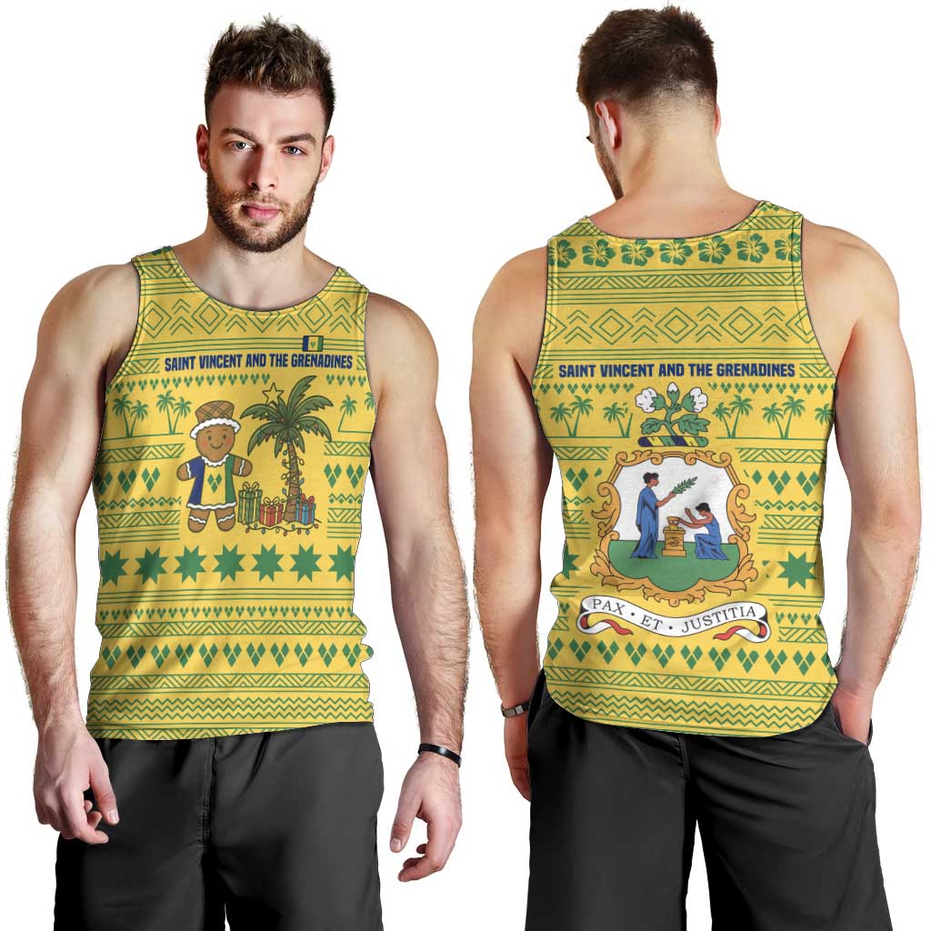 Saint Vincent and the Grenadines Christmas Men Tank Top with Gingerbread Boy Palm Tree and Traditional Pattern - Wonder Print Shop