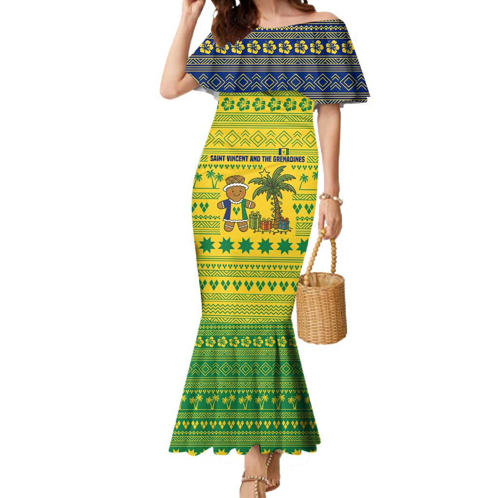 Saint Vincent and the Grenadines Christmas Mermaid Dress with Gingerbread Boy Palm Tree and Traditional Pattern - Wonder Print Shop