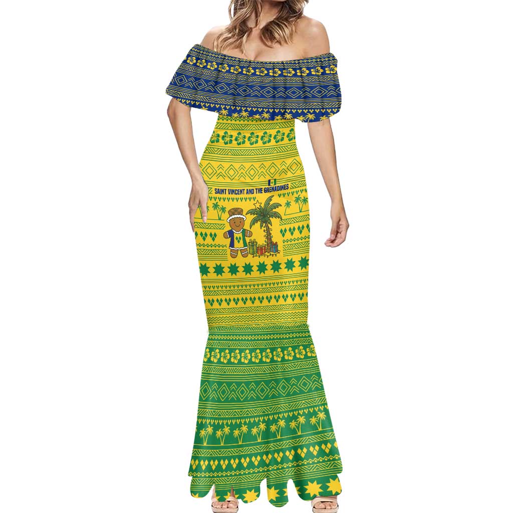 Saint Vincent and the Grenadines Christmas Mermaid Dress with Gingerbread Boy Palm Tree and Traditional Pattern - Wonder Print Shop