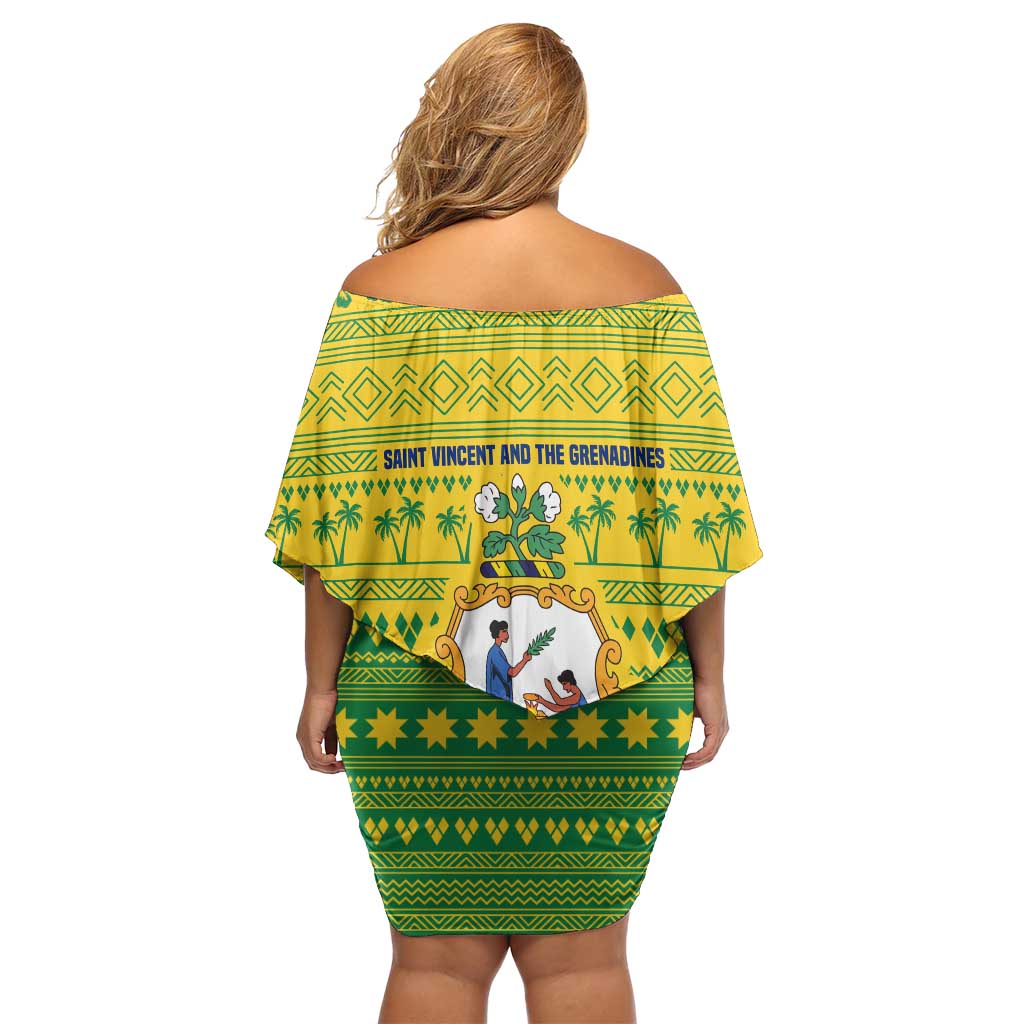 Saint Vincent and the Grenadines Christmas Off Shoulder Short Dress with Gingerbread Boy Palm Tree and Traditional Pattern - Wonder Print Shop