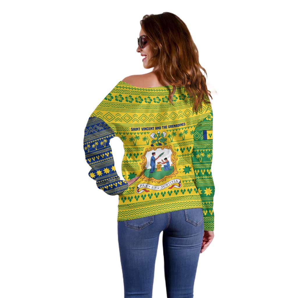 Saint Vincent and the Grenadines Christmas Off Shoulder Sweater with Gingerbread Boy Palm Tree and Traditional Pattern - Wonder Print Shop