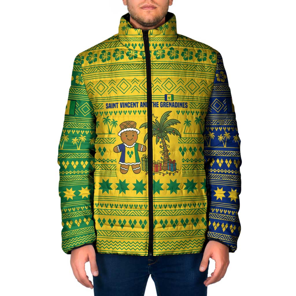 Saint Vincent and the Grenadines Christmas Padded Jacket with Gingerbread Boy Palm Tree and Traditional Pattern - Wonder Print Shop