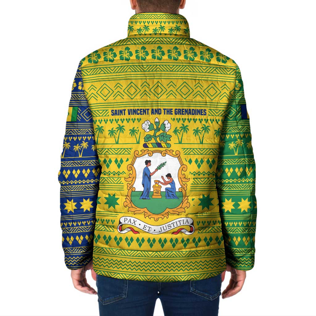 Saint Vincent and the Grenadines Christmas Padded Jacket with Gingerbread Boy Palm Tree and Traditional Pattern - Wonder Print Shop