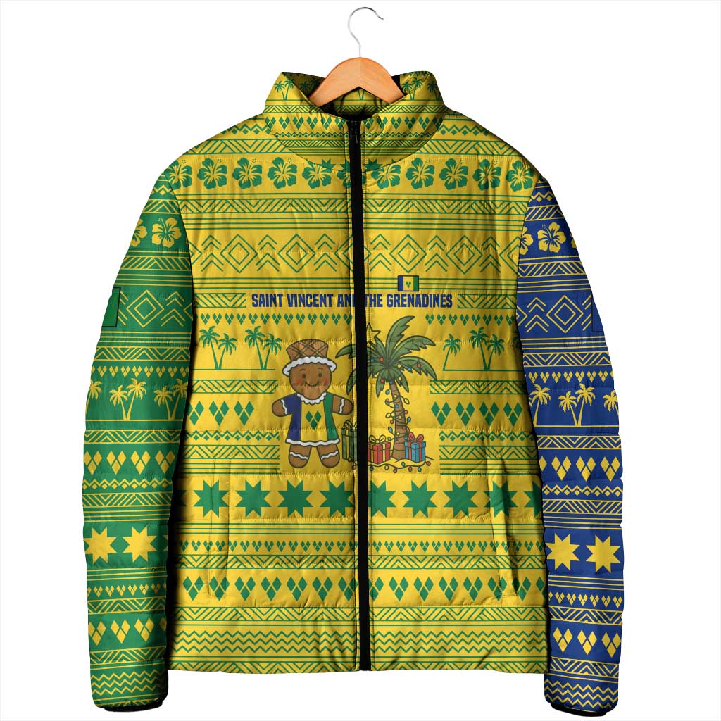Saint Vincent and the Grenadines Christmas Padded Jacket with Gingerbread Boy Palm Tree and Traditional Pattern - Wonder Print Shop