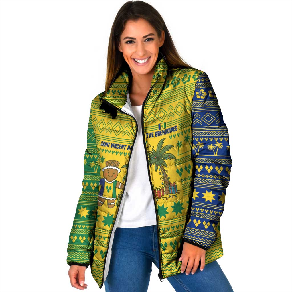 Saint Vincent and the Grenadines Christmas Padded Jacket with Gingerbread Boy Palm Tree and Traditional Pattern - Wonder Print Shop