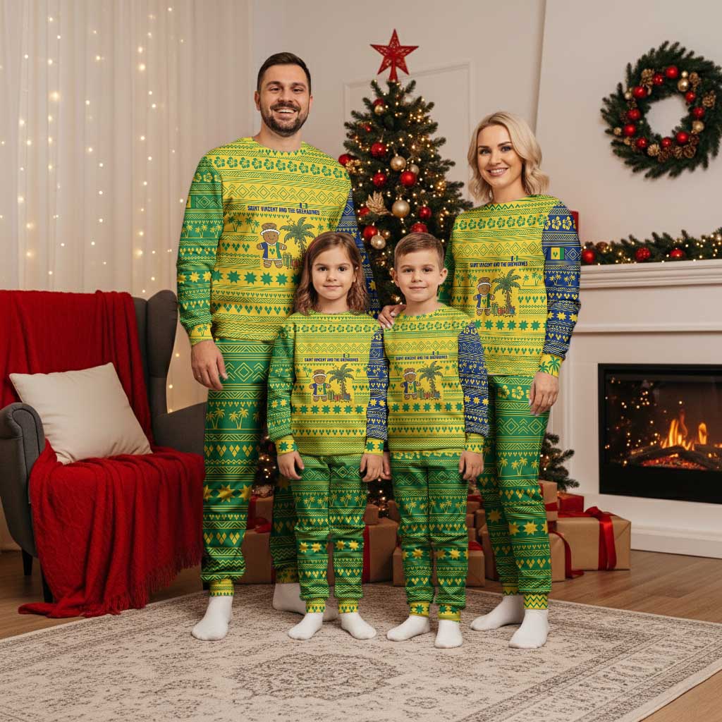 Saint Vincent and the Grenadines Christmas Pajama Set with Gingerbread Boy Palm Tree and Traditional Pattern - Wonder Print Shop