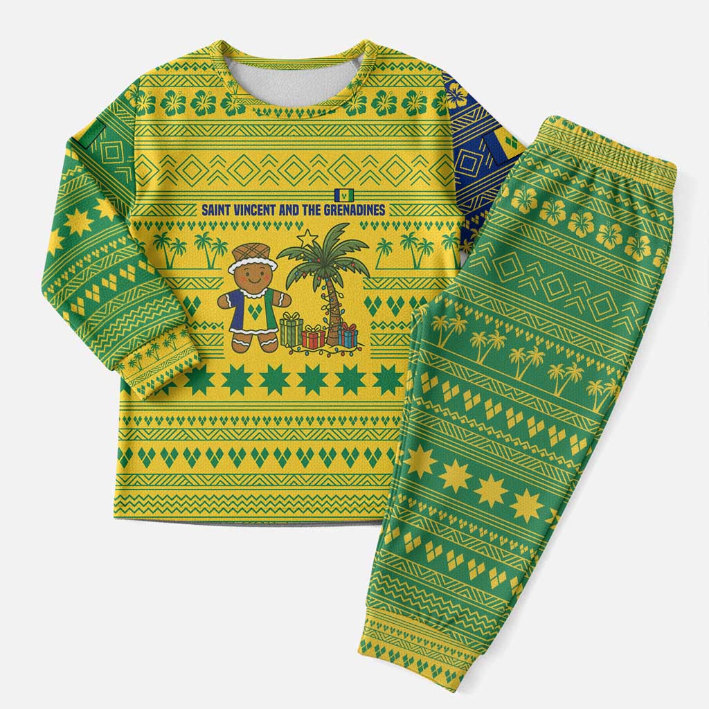 Saint Vincent and the Grenadines Christmas Pajama Set with Gingerbread Boy Palm Tree and Traditional Pattern - Wonder Print Shop