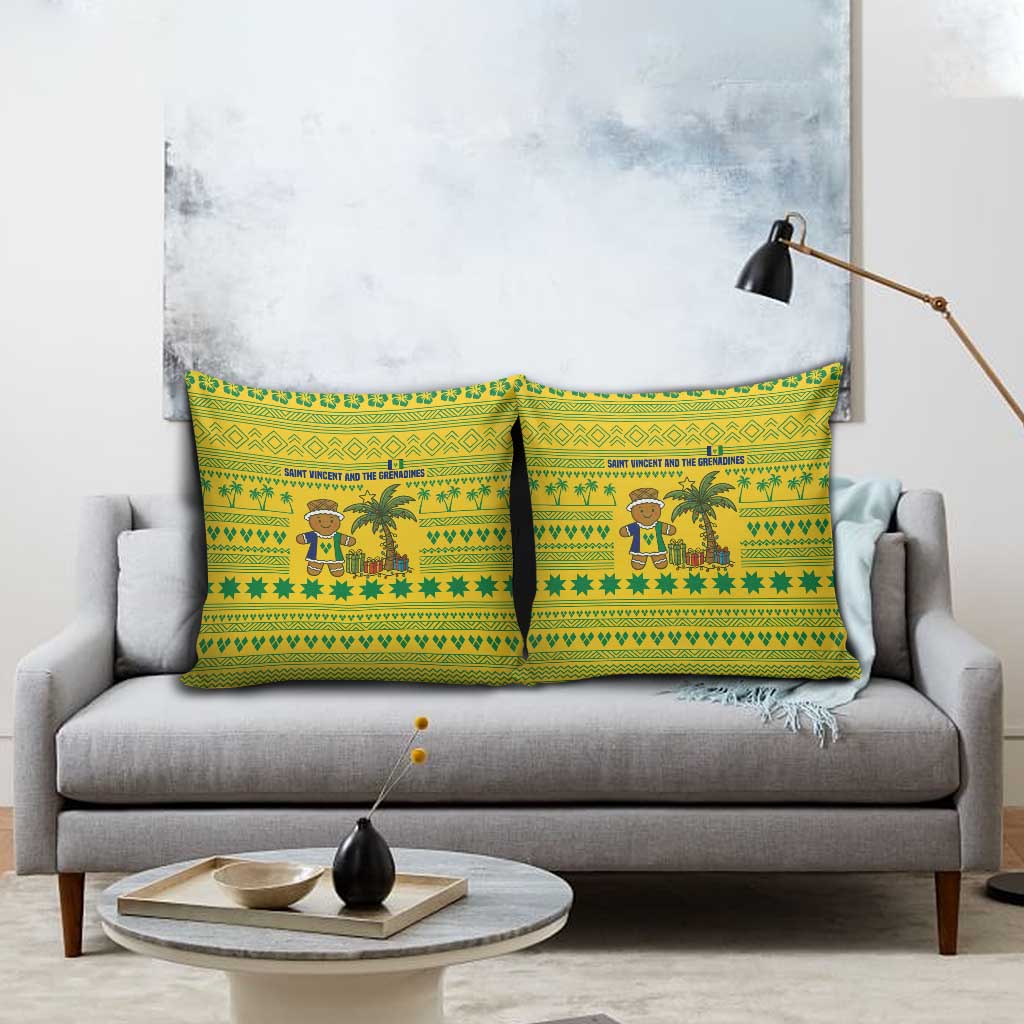 Saint Vincent and the Grenadines Christmas Pillow Cover with Gingerbread Boy Palm Tree and Traditional Pattern - Wonder Print Shop