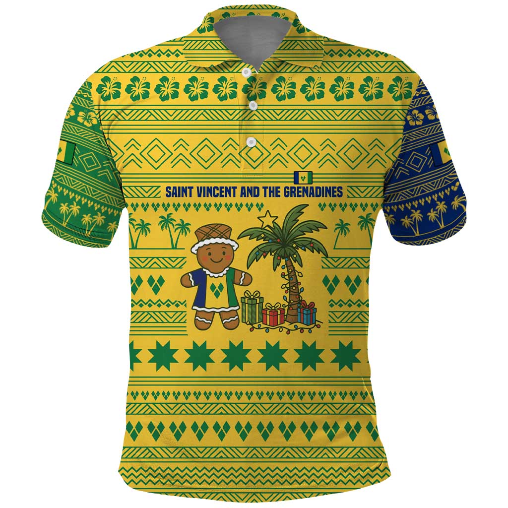 Saint Vincent and the Grenadines Christmas Polo Shirt with Gingerbread Boy Palm Tree and Traditional Pattern - Wonder Print Shop