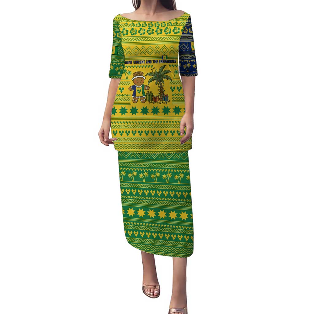 Saint Vincent and the Grenadines Christmas Puletasi with Gingerbread Boy Palm Tree and Traditional Pattern - Wonder Print Shop