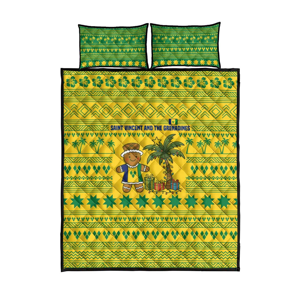 Saint Vincent and the Grenadines Christmas Quilt Bed Set with Gingerbread Boy Palm Tree and Traditional Pattern - Wonder Print Shop