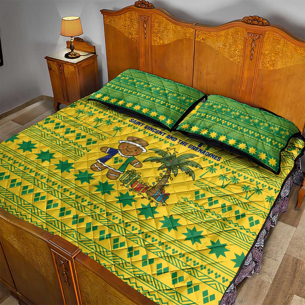 Saint Vincent and the Grenadines Christmas Quilt Bed Set with Gingerbread Boy Palm Tree and Traditional Pattern - Wonder Print Shop
