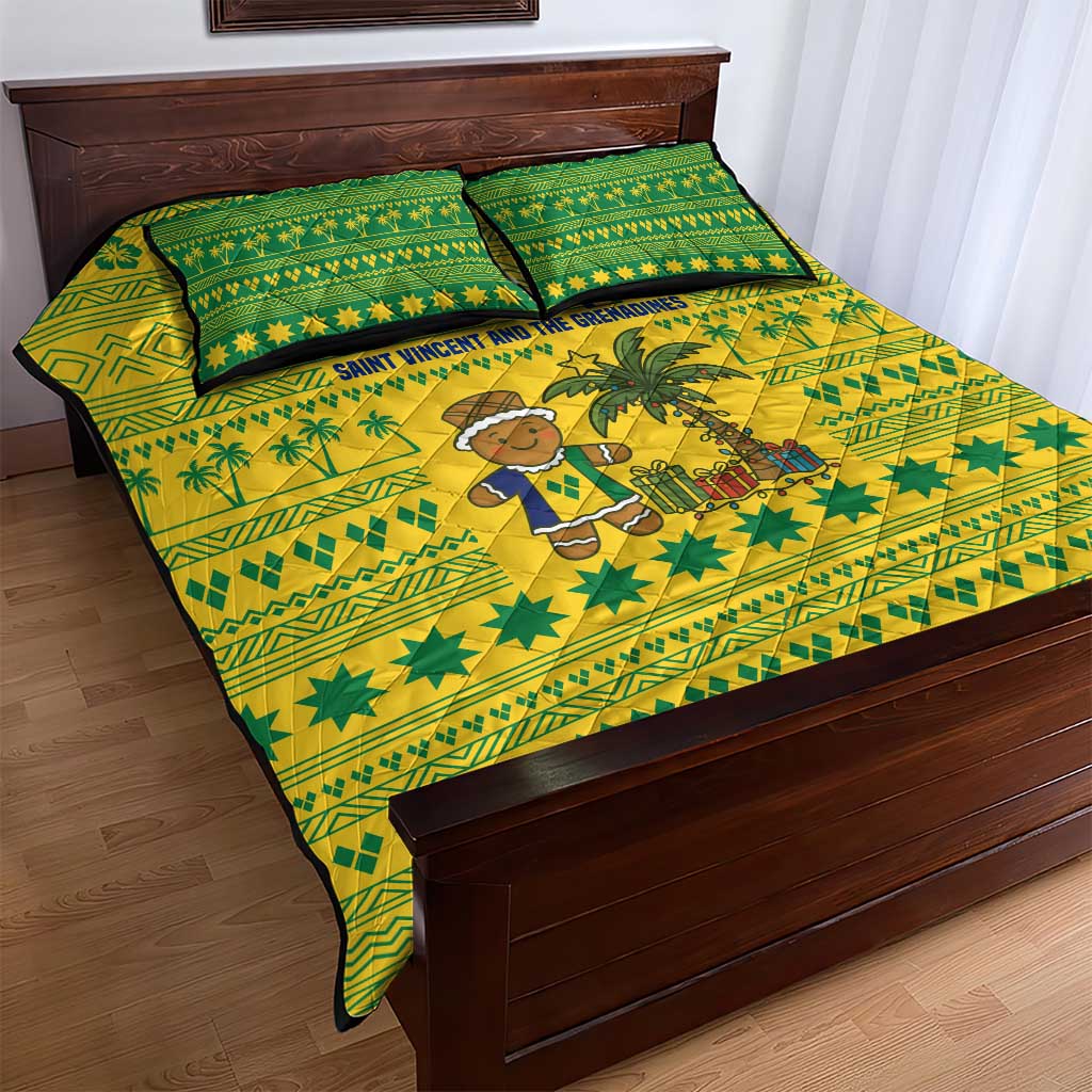 Saint Vincent and the Grenadines Christmas Quilt Bed Set with Gingerbread Boy Palm Tree and Traditional Pattern - Wonder Print Shop