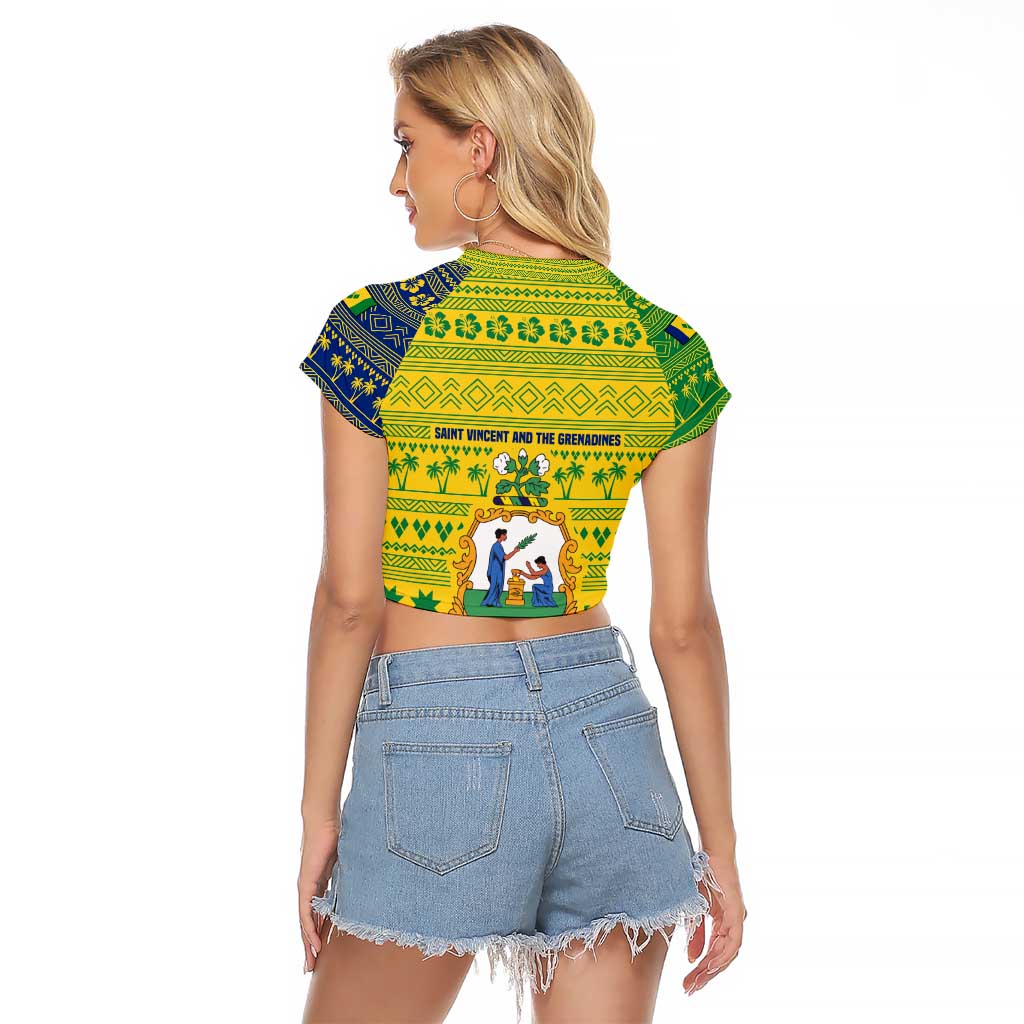 Saint Vincent and the Grenadines Christmas Raglan Cropped T Shirt with Gingerbread Boy Palm Tree and Traditional Pattern - Wonder Print Shop