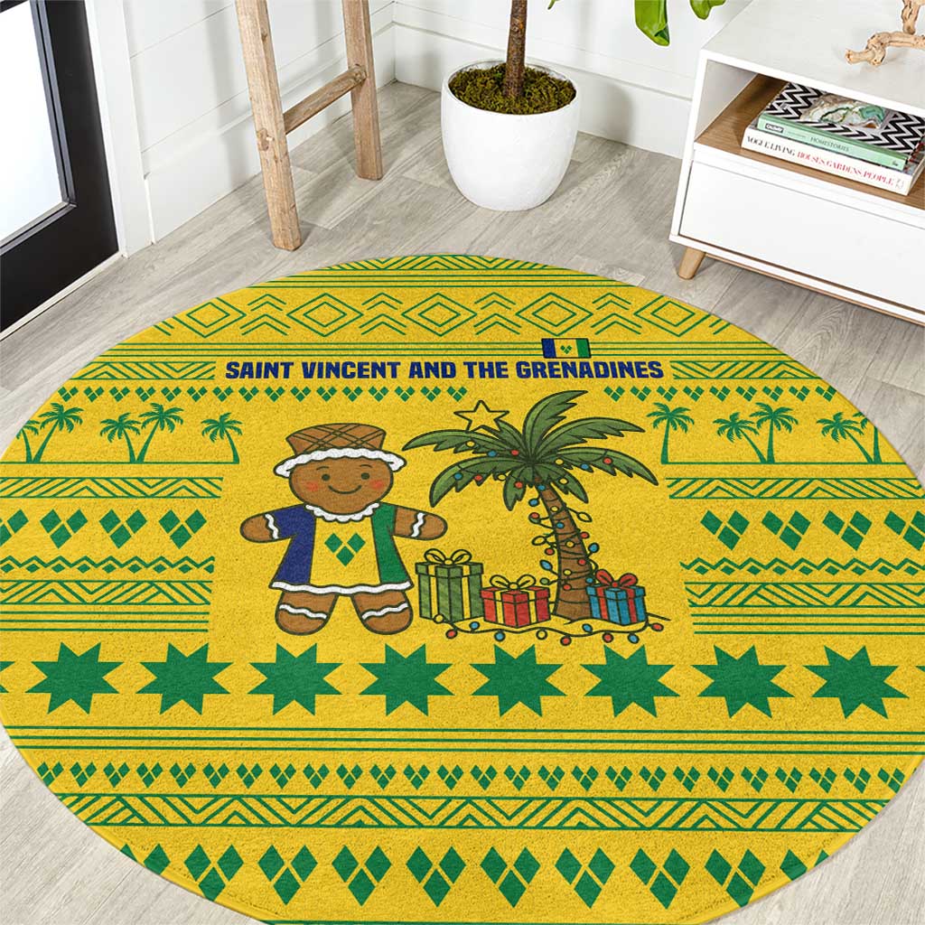Saint Vincent and the Grenadines Christmas Round Carpet with Gingerbread Boy Palm Tree and Traditional Pattern - Wonder Print Shop