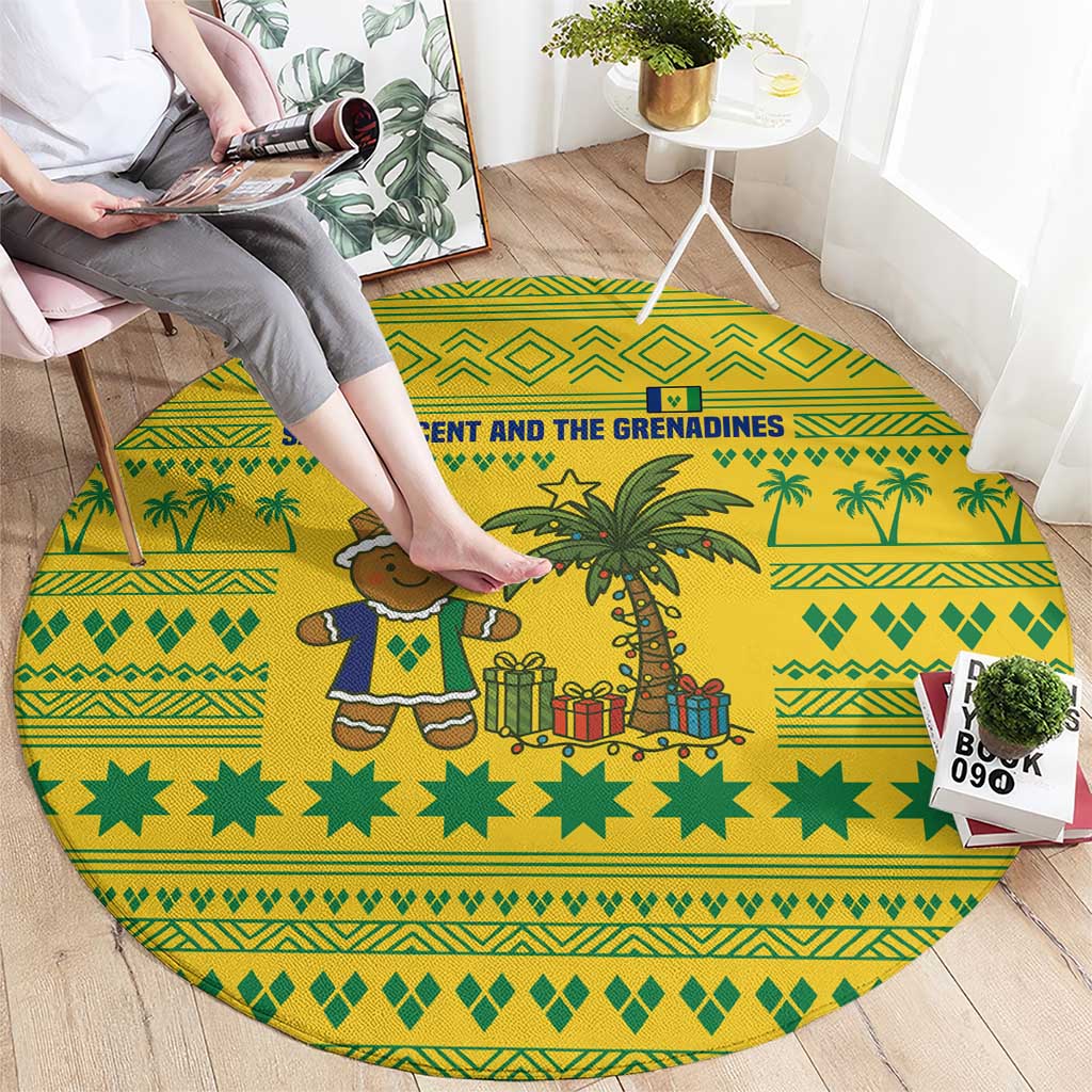 Saint Vincent and the Grenadines Christmas Round Carpet with Gingerbread Boy Palm Tree and Traditional Pattern - Wonder Print Shop