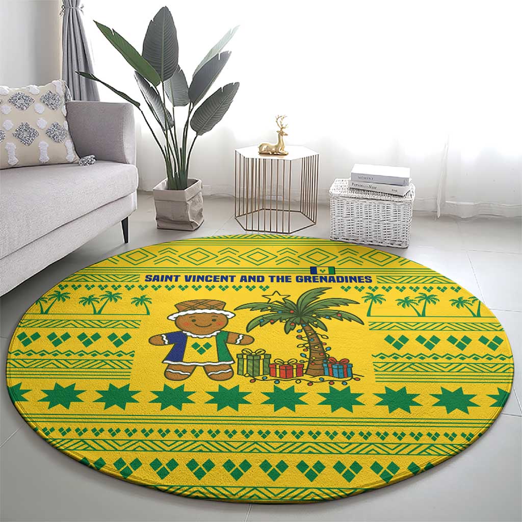 Saint Vincent and the Grenadines Christmas Round Carpet with Gingerbread Boy Palm Tree and Traditional Pattern - Wonder Print Shop