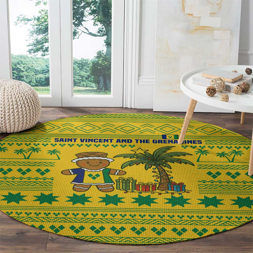 Saint Vincent and the Grenadines Christmas Round Carpet with Gingerbread Boy Palm Tree and Traditional Pattern - Wonder Print Shop