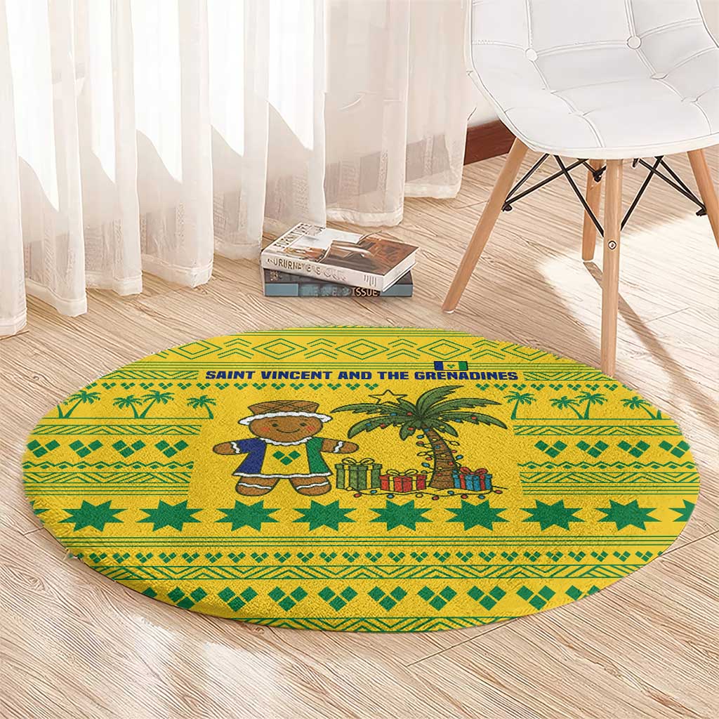 Saint Vincent and the Grenadines Christmas Round Carpet with Gingerbread Boy Palm Tree and Traditional Pattern - Wonder Print Shop