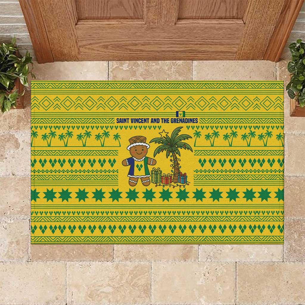 Saint Vincent and the Grenadines Christmas Rubber Doormat with Gingerbread Boy Palm Tree and Traditional Pattern - Wonder Print Shop