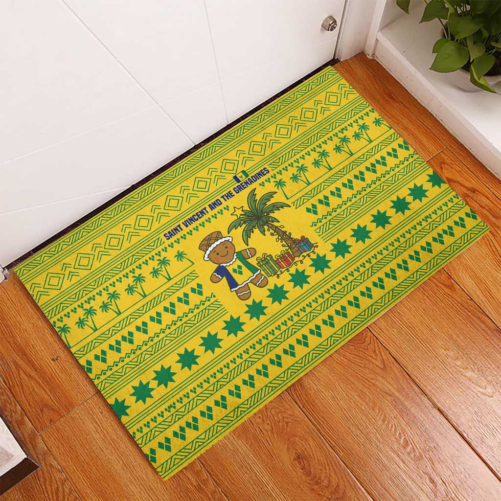 Saint Vincent and the Grenadines Christmas Rubber Doormat with Gingerbread Boy Palm Tree and Traditional Pattern - Wonder Print Shop