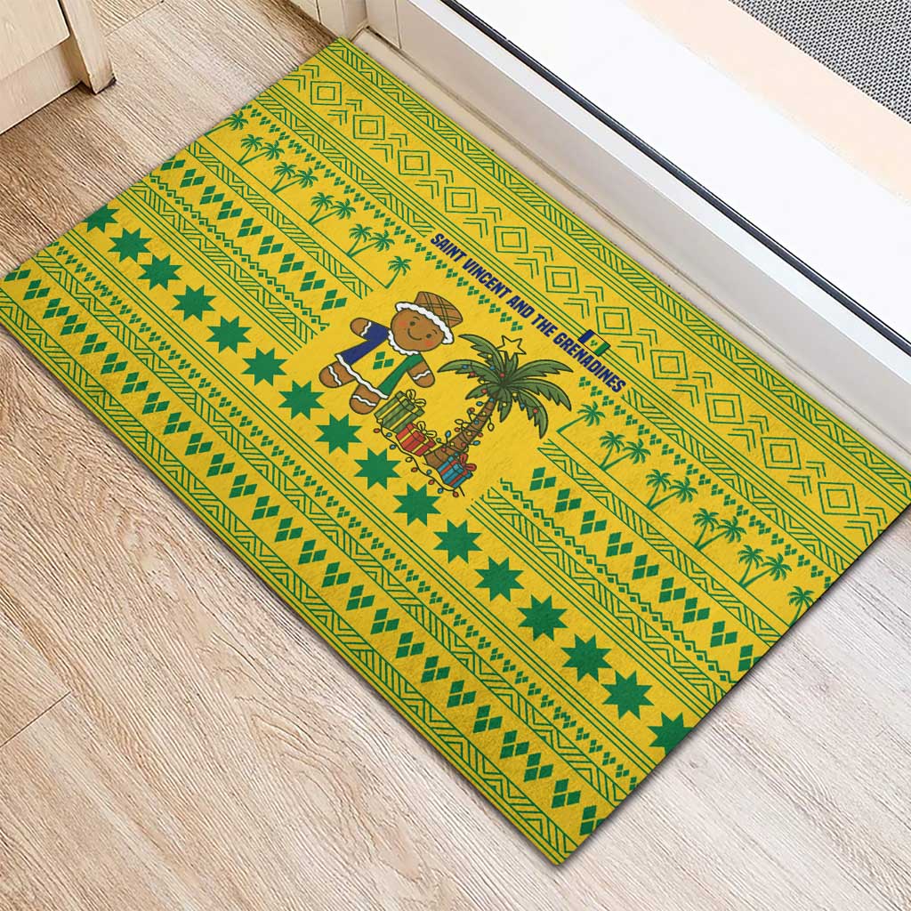 Saint Vincent and the Grenadines Christmas Rubber Doormat with Gingerbread Boy Palm Tree and Traditional Pattern - Wonder Print Shop